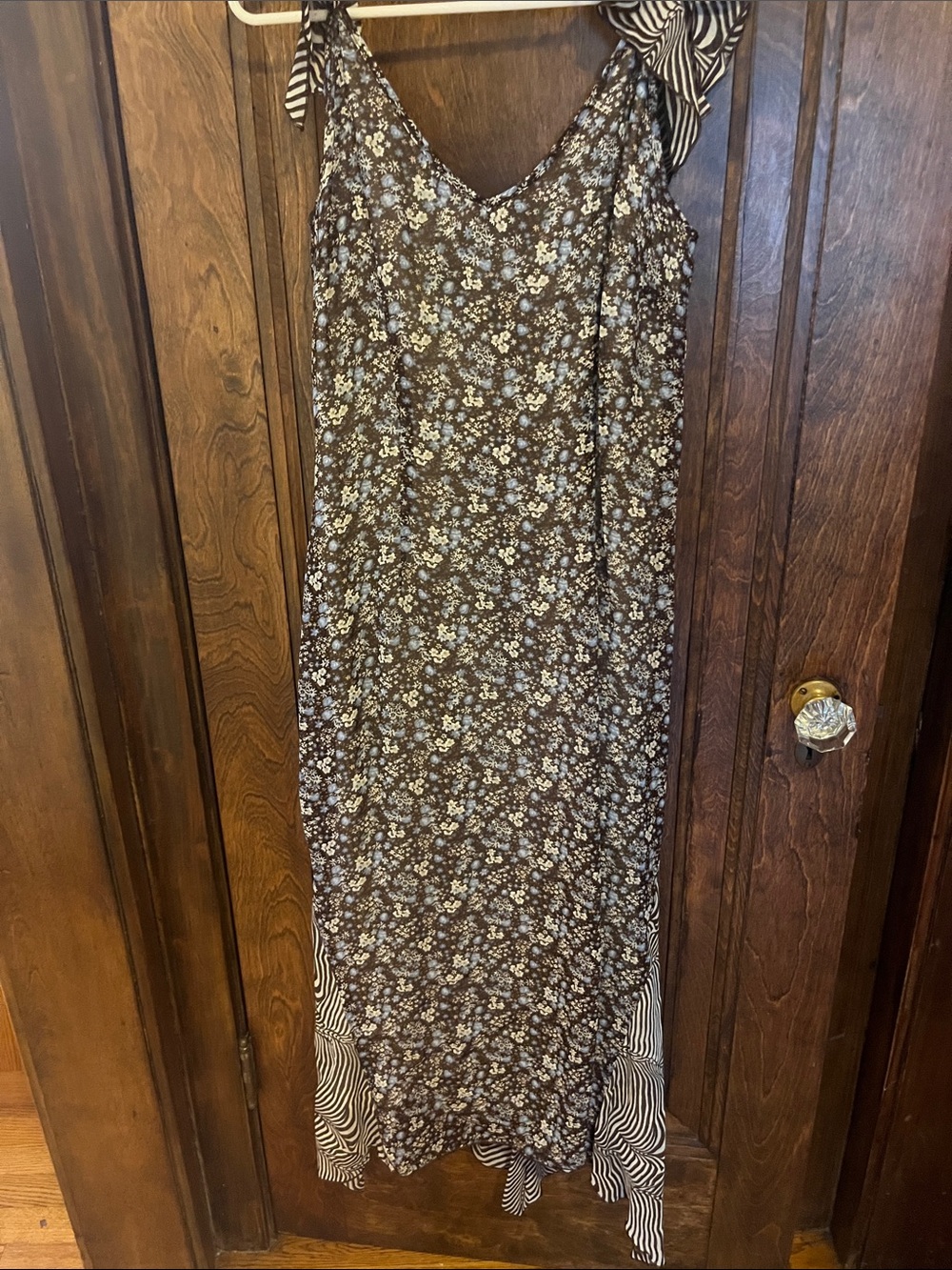 Anthropologie Brown Floral Midi Dress with Cream & Blue Flowers